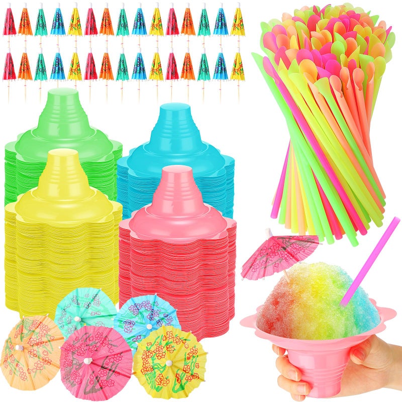 Eaasty 50 Sets Summer Snow Cone Cups and Spoon Straws with Paper Umbrellas Kit Small Leakproof Reusable Plastic Cups for Shaved Ice Snack Ice Cream Bowls for Holiday Party 4 oz